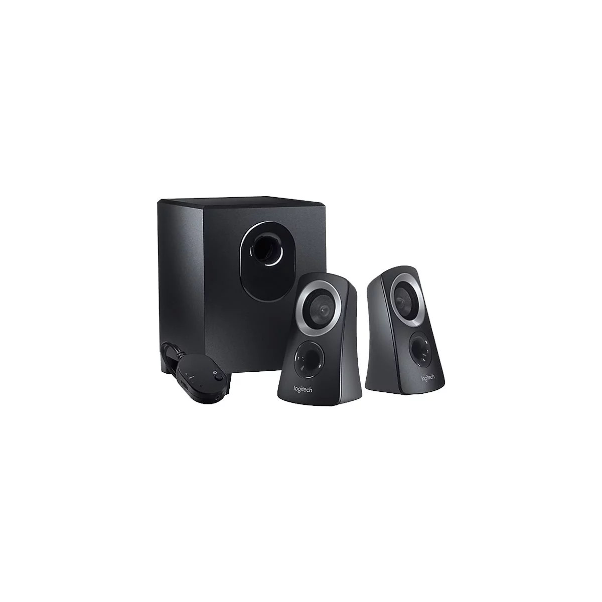 Schwarzes Logitech-Lautsprecher-Set mit Subwoofer, zwei Satellitenlautsprechern und Fernbedienung.
