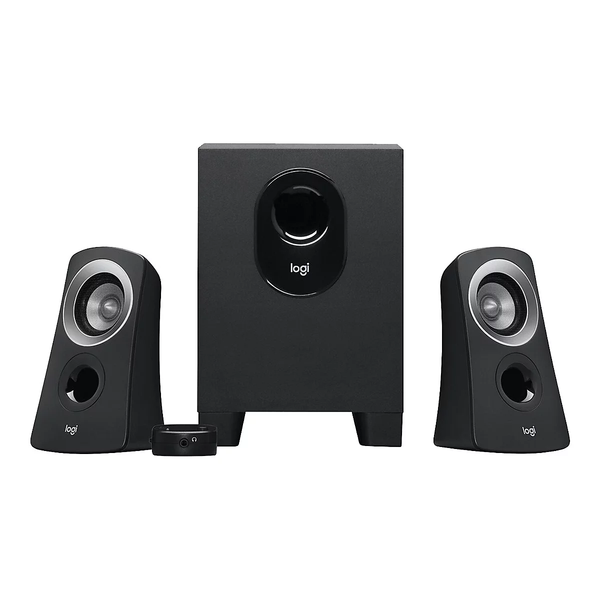 Schwarzes Logitech-Lautsprechersystem mit Subwoofer und zwei Satellitenlautsprechern.