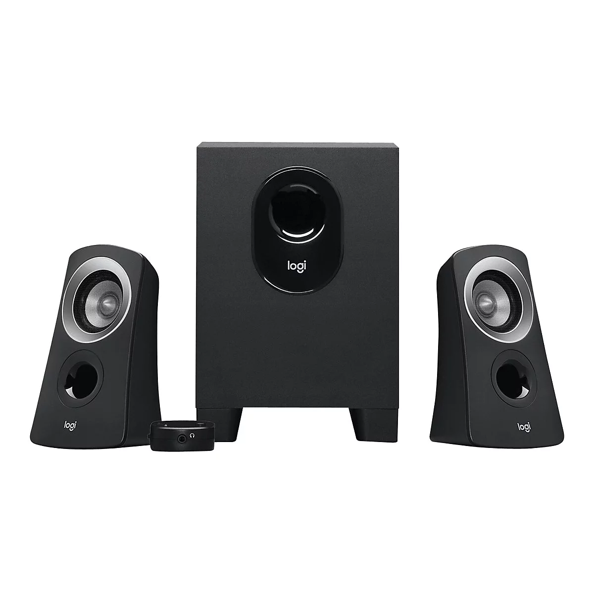 Schwarzes Lautsprecher-Set von Logitech: 2 Satelliten-Lautsprecher, ein Subwoofer, ein Bedienelement. Auf weißem Hintergrund.