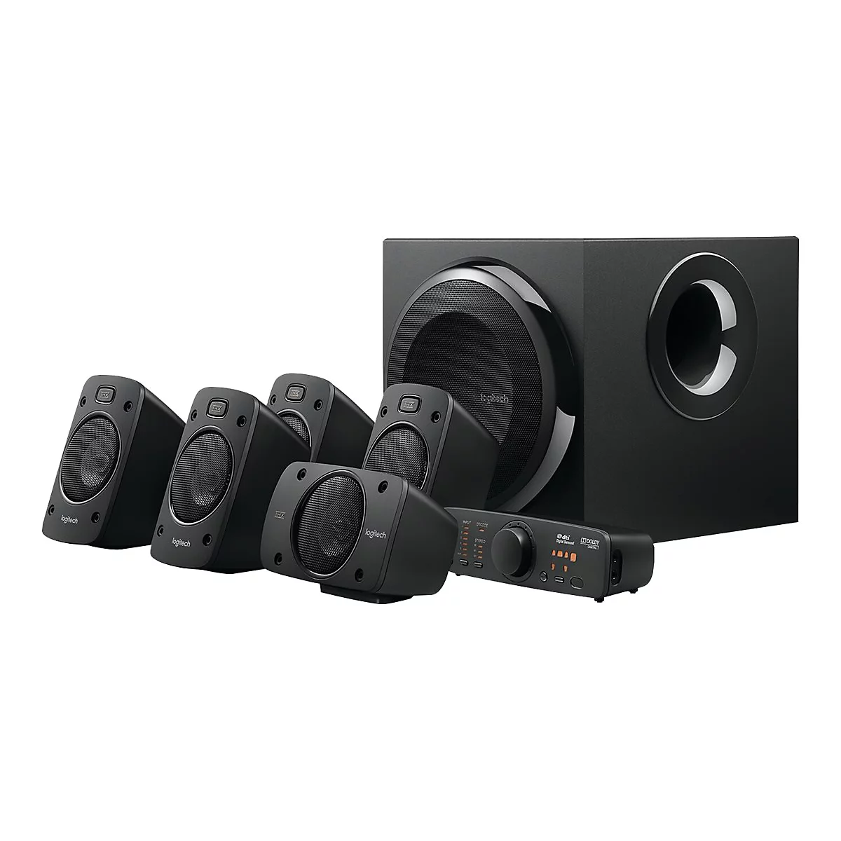 Schwarzes Logitech-Lautsprechersystem: 5 Satelliten, Subwoofer, Steuerung. Auf weißem Hintergrund.