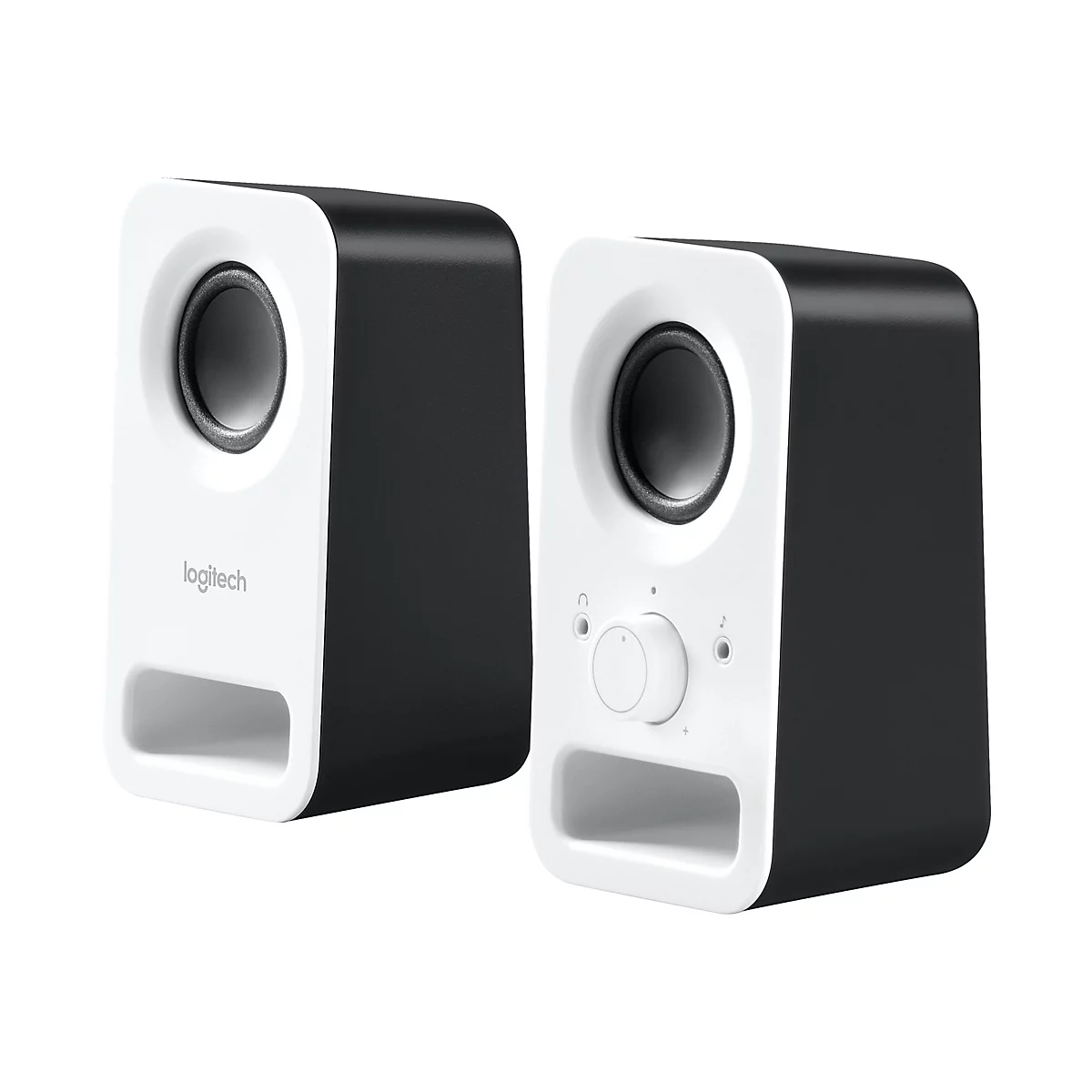 Deux haut-parleurs noirs et blancs. Le haut-parleur gauche porte l'inscription "Logitech". Le haut-parleur droit est muni d'un bouton de volume.