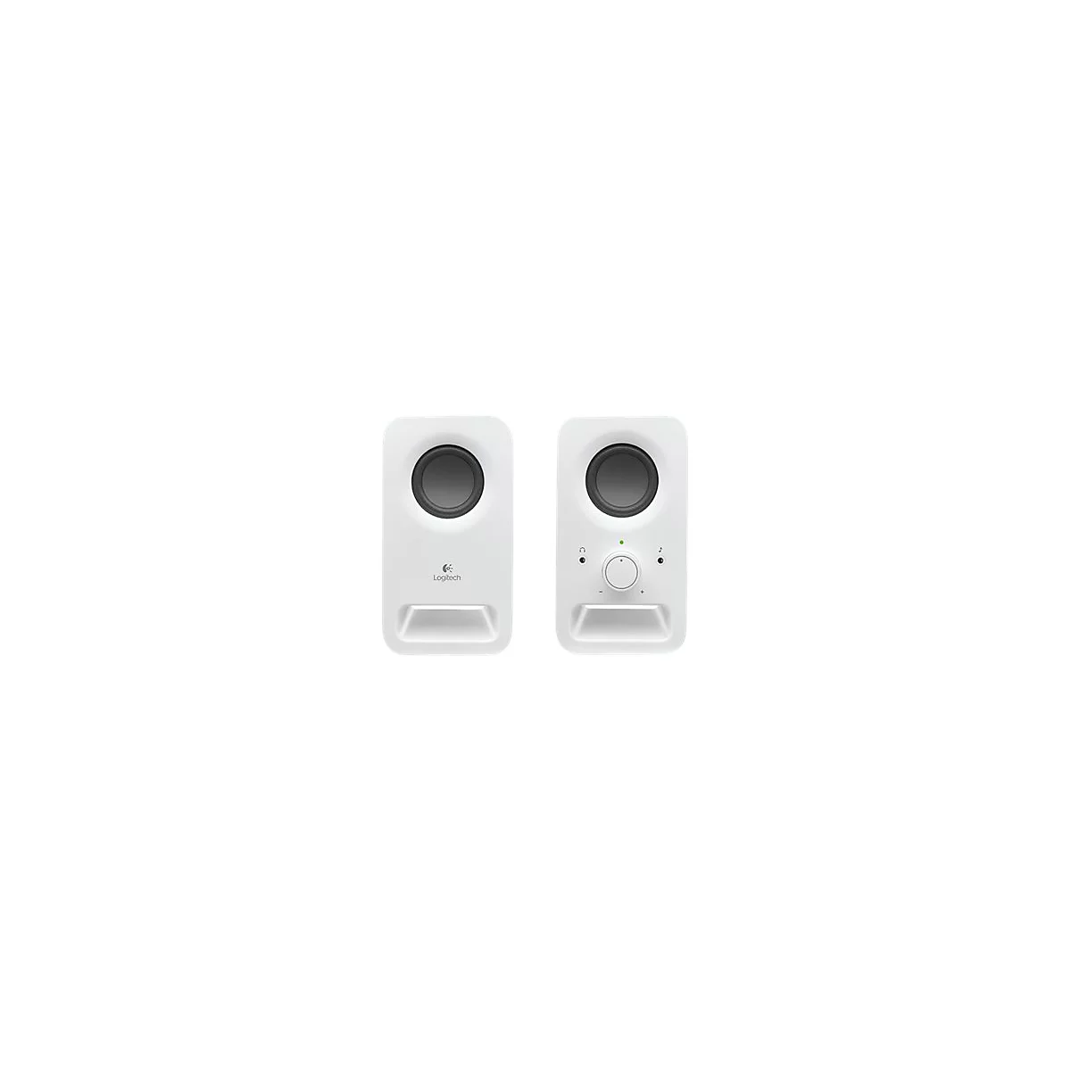 Deux haut-parleurs Logitech blancs sur fond blanc. Le haut-parleur droit est équipé d'une commande de volume.