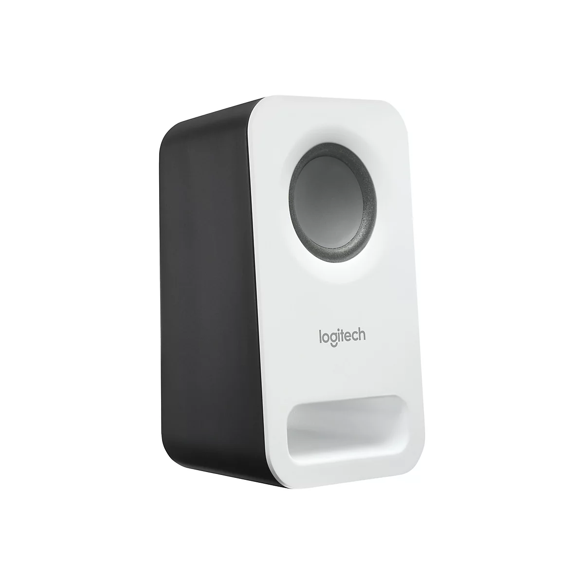 Un haut-parleur noir avec une façade blanche. L'ouverture ronde est entourée d'un anneau gris. Le mot 'logitech' est imprimé dessus.