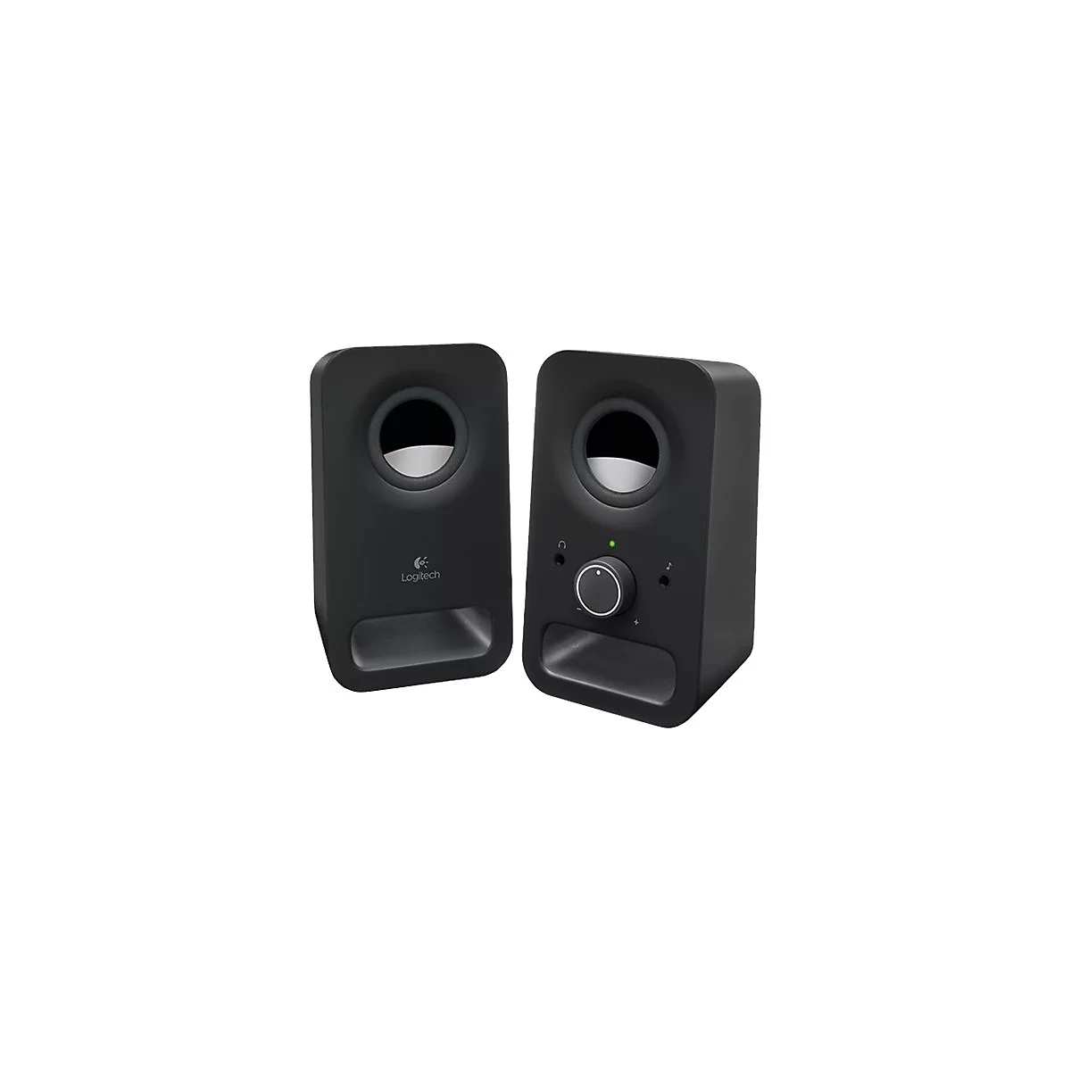 Zwei schwarze Logitech-Lautsprecher. Einer hat einen Drehregler und eine grüne LED.