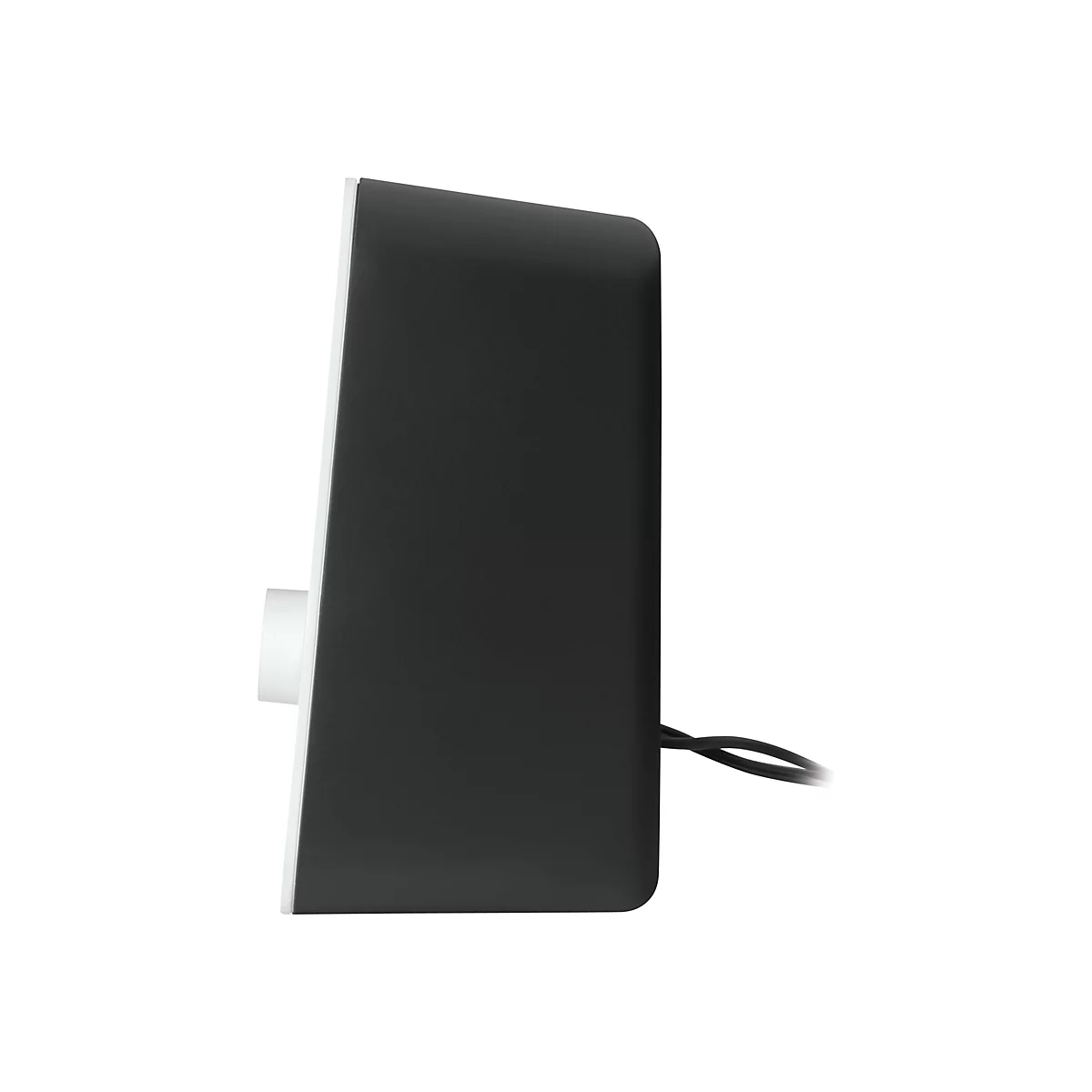 Schwarzer Lautsprecher, seitlich. Vorne ein weißer Drehregler, Kabel hinten. Weißer Rand.