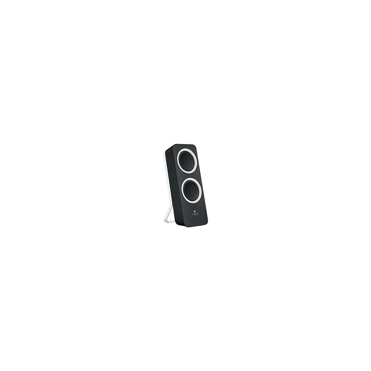 Schwarzer Lautsprecher mit zwei Lautsprechern und weißem Ring. Aufschrift Logitech unten.