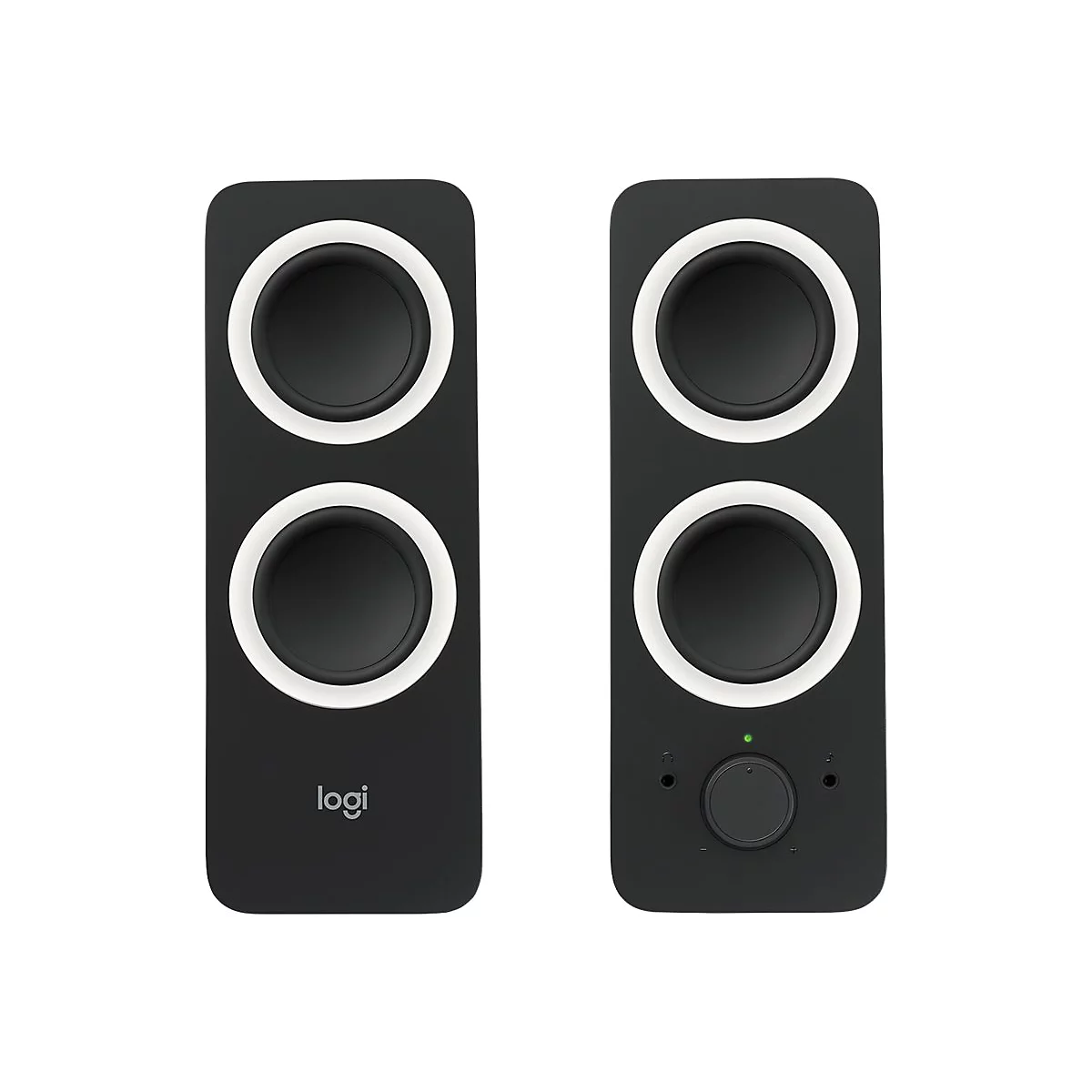 Zwei schwarze Logitech-Lautsprecher mit zwei kreisförmigen Speakern, umrandet mit weißem Licht.