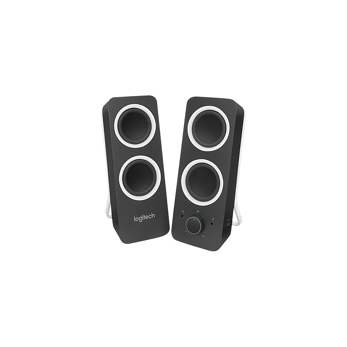 Zwei schwarze Logitech-Lautsprecher mit weißen Rändern und zwei Lautsprecheröffnungen. Rechts: Drehknopf und Anschlüsse.