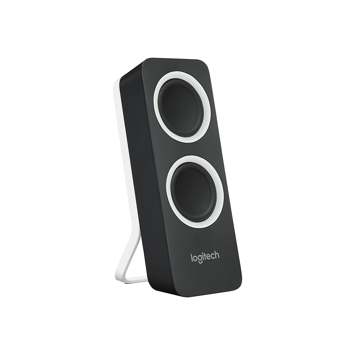Schwarzer Lautsprecher mit weißem Rahmen. Zwei runde Lautsprecheröffnungen mit weißem Ring. Logitech-Logo unten.