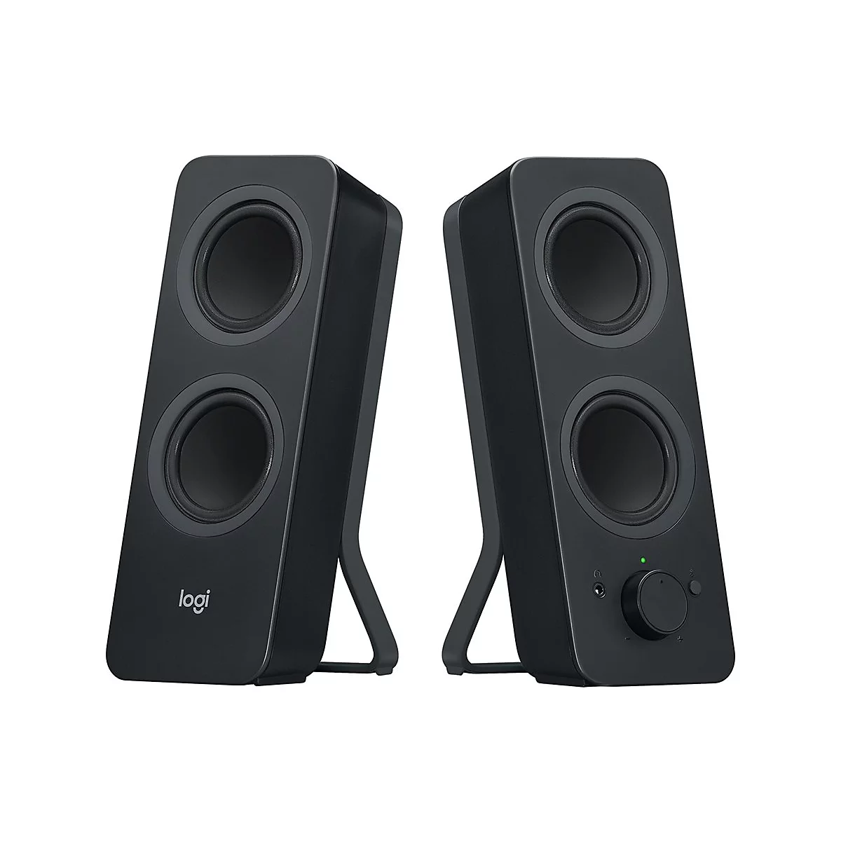Deux haut-parleurs noirs avec deux haut-parleurs circulaires. Le gauche porte le logo Logitech, le droit un bouton de volume.