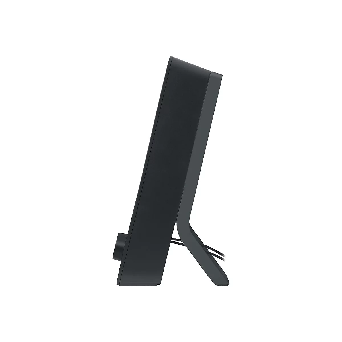 Vue latérale d'un système de haut-parleurs noir. Un écran fin et angulaire avec un pied.