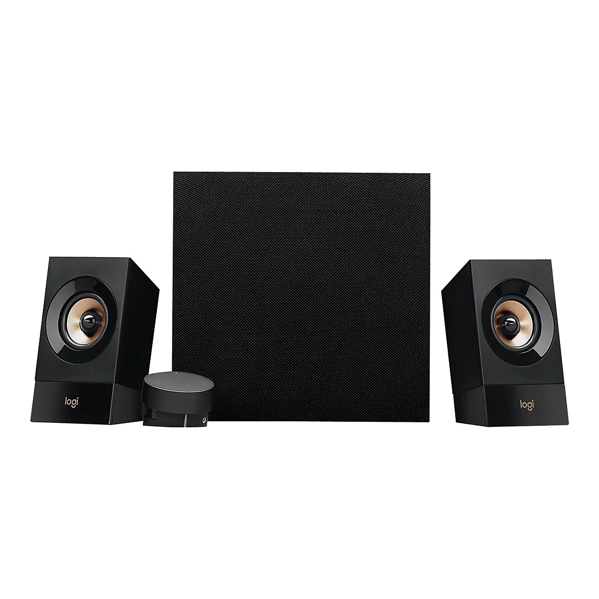 Schwarzes Logitech Lautsprecher-Set mit Subwoofer und Bedienelement.