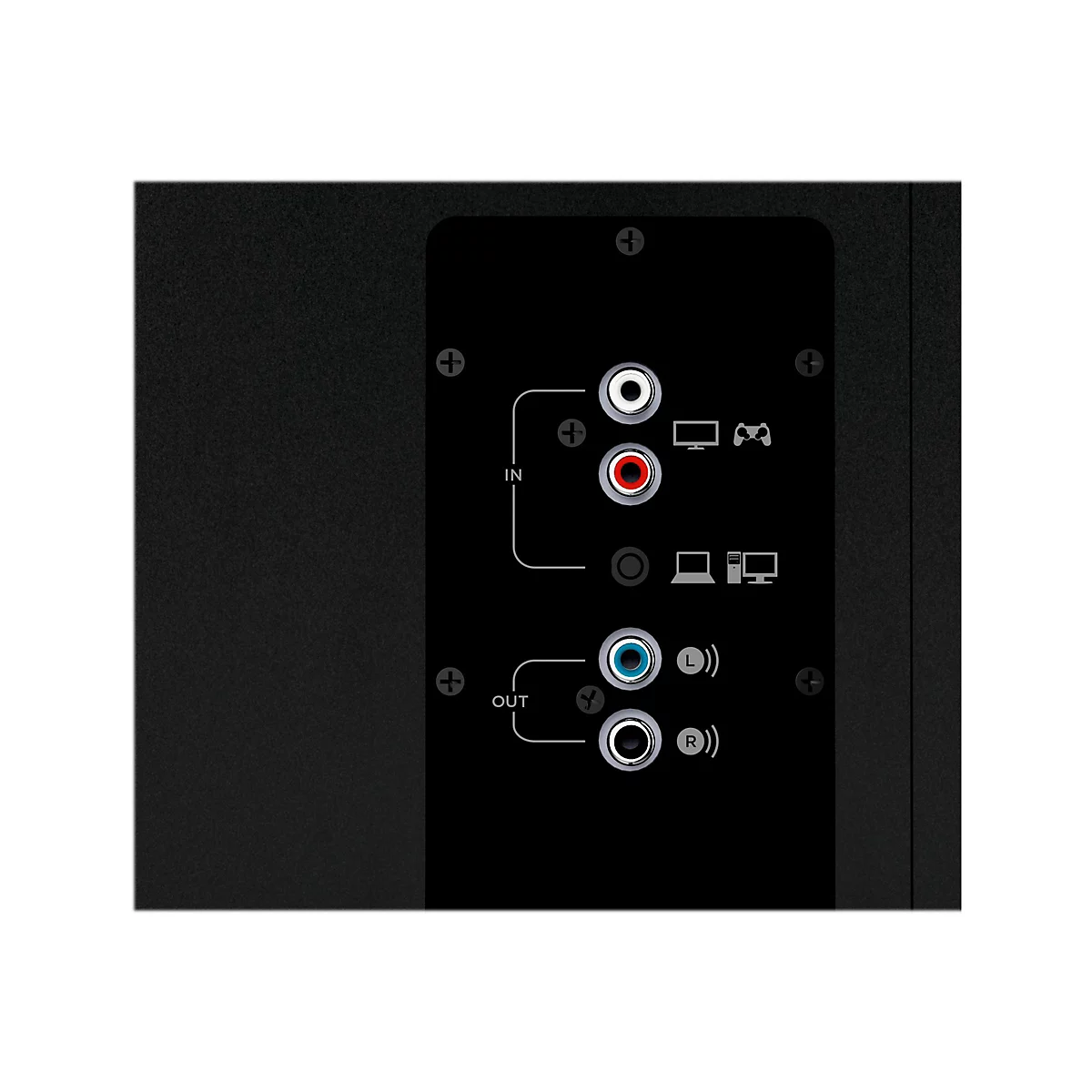 Gros plan sur l'arrière d'un appareil noir. Il montre les connecteurs d'entrée et de sortie audio.