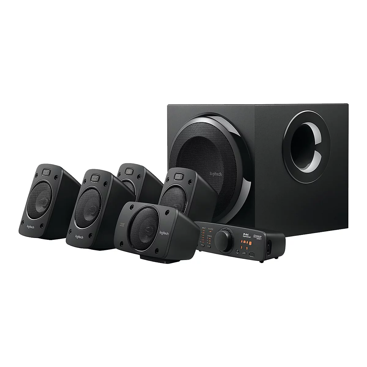 Système de son surround 5.1 Logitech noir, composé d'un caisson de basses, d'enceintes satellites et de commandes.