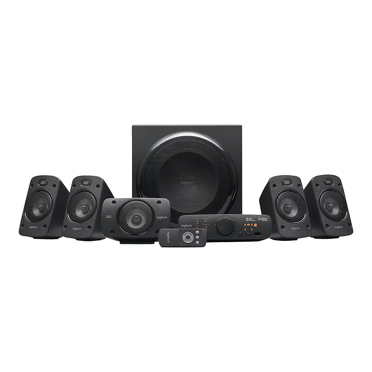 Système de son surround noir Logitech 5.1, composé d'un caisson de basses, d'une enceinte centrale, de 2 enceintes avant, de 2 enceintes arrière et d'un panneau de commande.