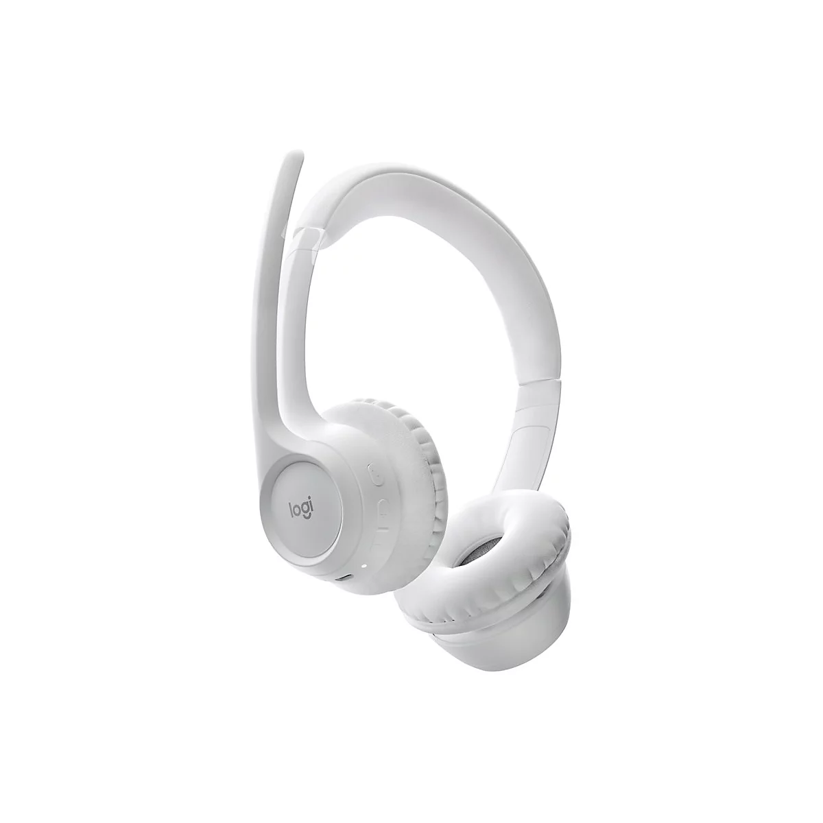 WeiÃŸes Headset von Logitech mit OhrbÃ¼gel und Mikrofon, isoliert auf weiÃŸem Hintergrund.