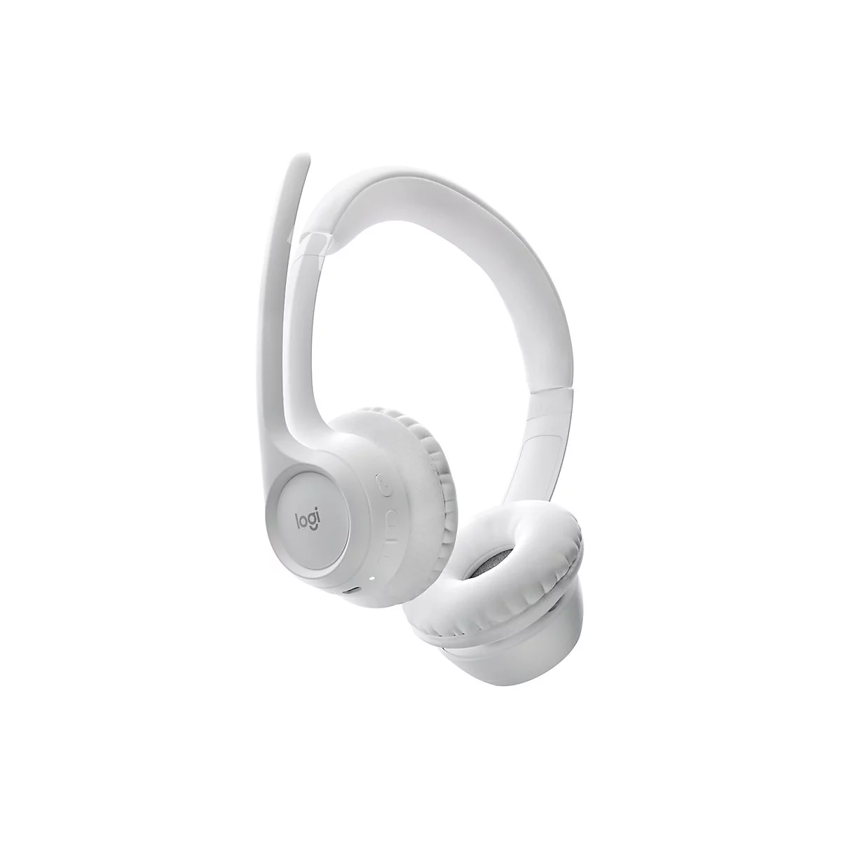 WeiÃŸes Headset mit BÃ¼gel und Logoschriftzug, vor weiÃŸem Hintergrund, von Logitech.