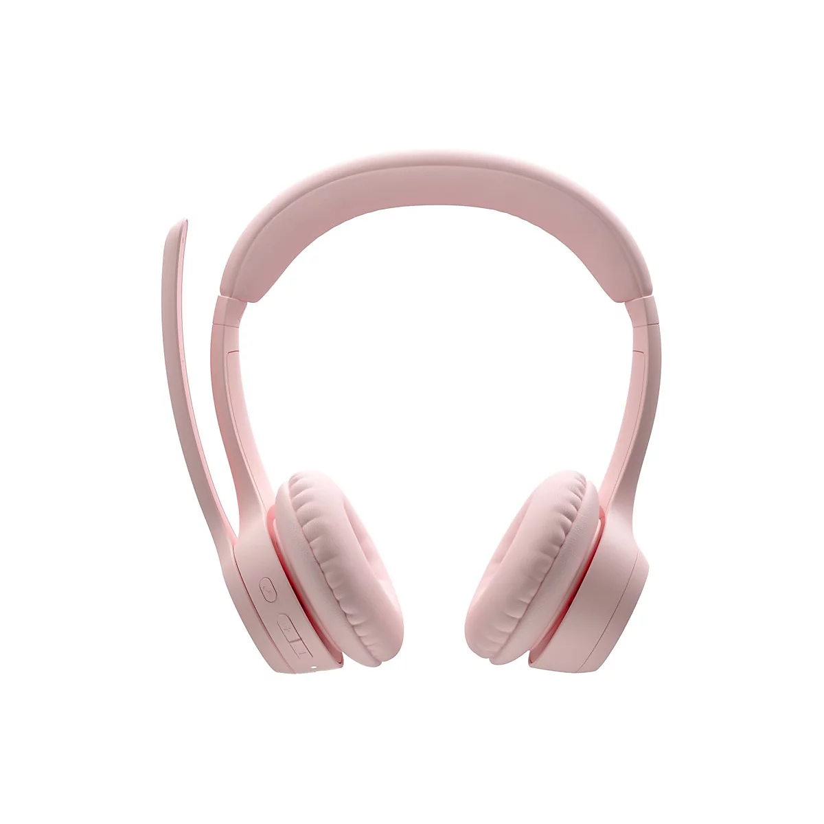 Casque rose clair avec microphone sur fond blanc. Les oreillettes et l'arceau sont rembourrés.