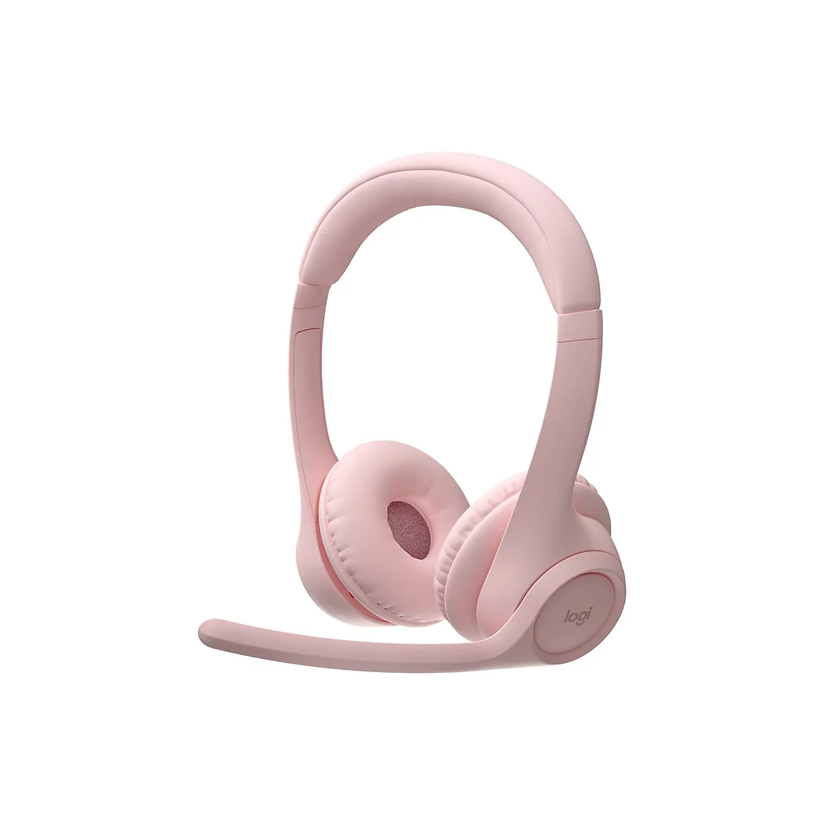 Casque rose clair avec un microphone sur fond blanc. Le mot "logi" est visible.