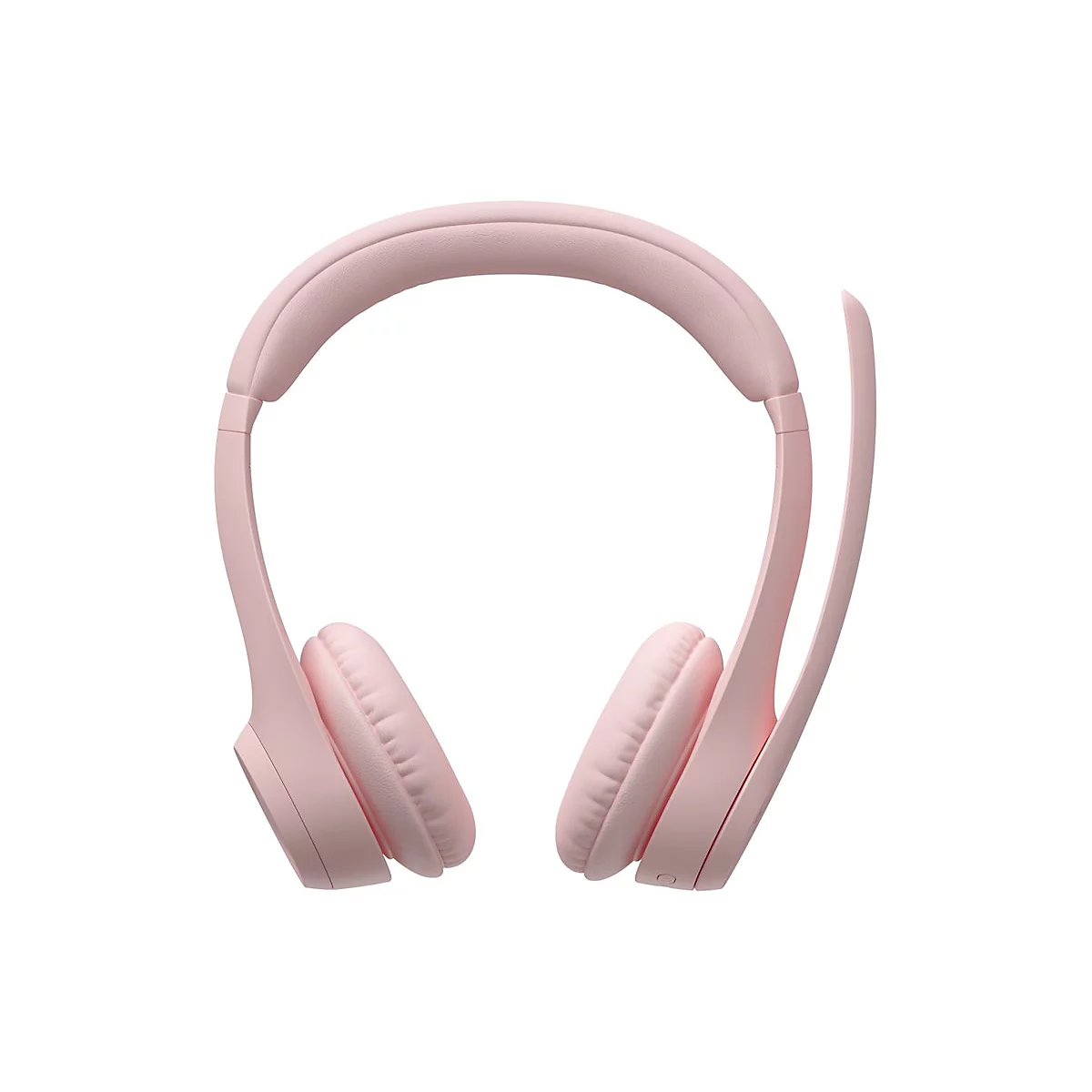 Casque rose clair avec microphone sur fond blanc.