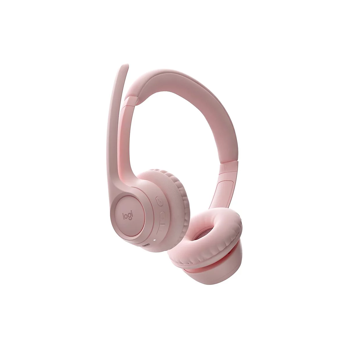 Casque rose clair sur fond blanc. On voit les écouteurs, le bandeau et un microphone. Le logo "Logi" est visible sur un écouteur.