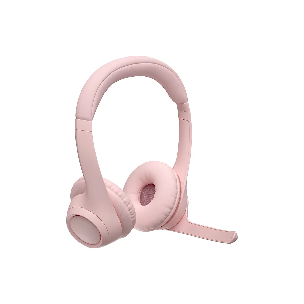 Casque rose clair avec microphone sur fond blanc.