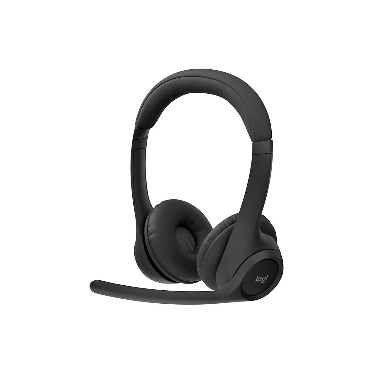 Schwarzes Headset mit Mikrofon und Logi-Logo, Nahaufnahme.