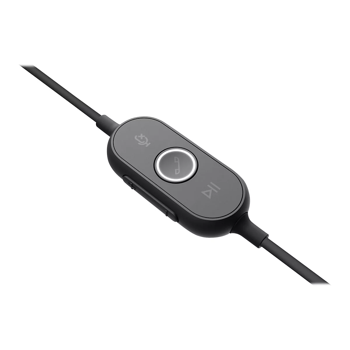 TÃ©lÃ©commande de casque noire et grise avec microphone, bouton lecture/pause et contrÃ´le du volume.