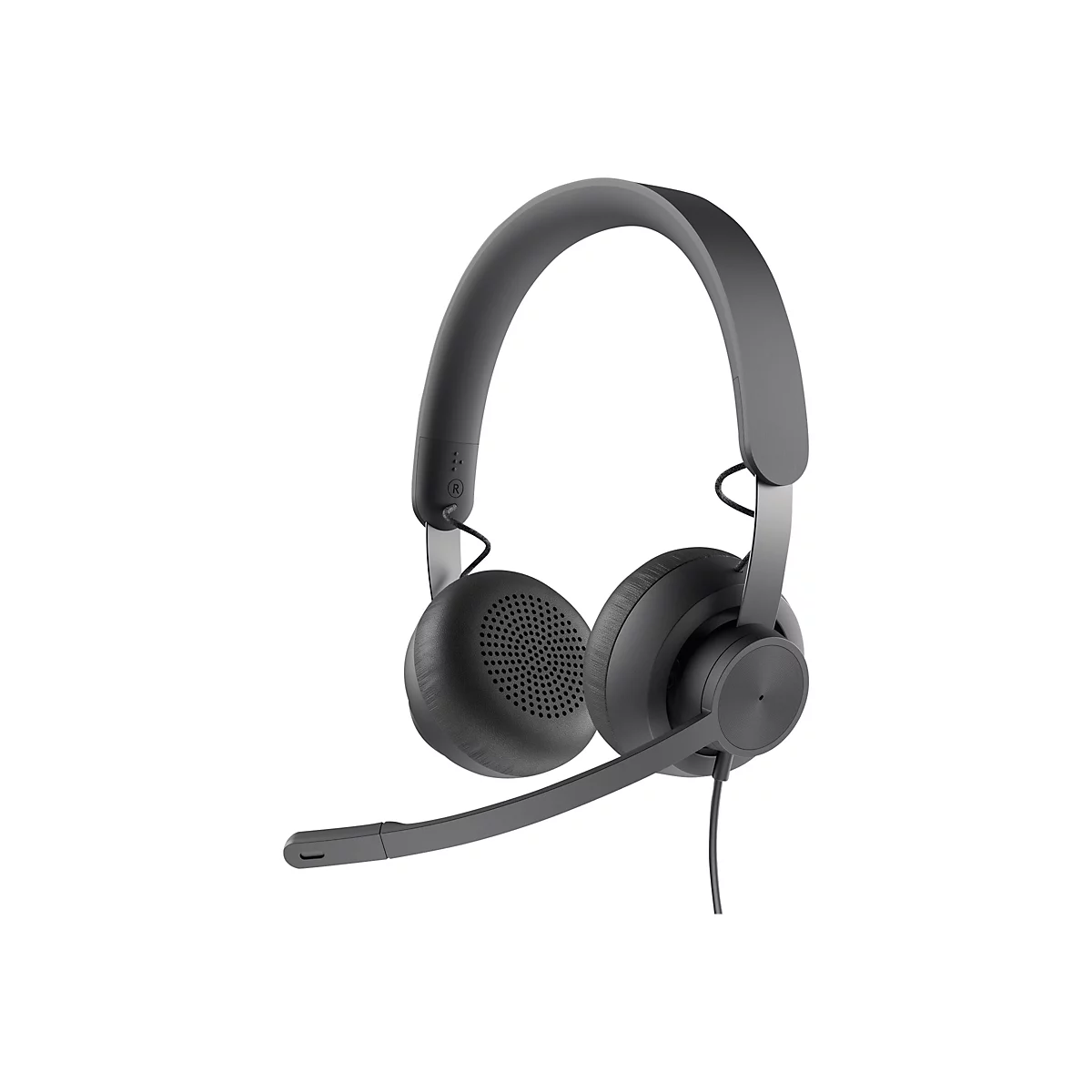 Casque gris foncÃ© avec microphone sur fond blanc.