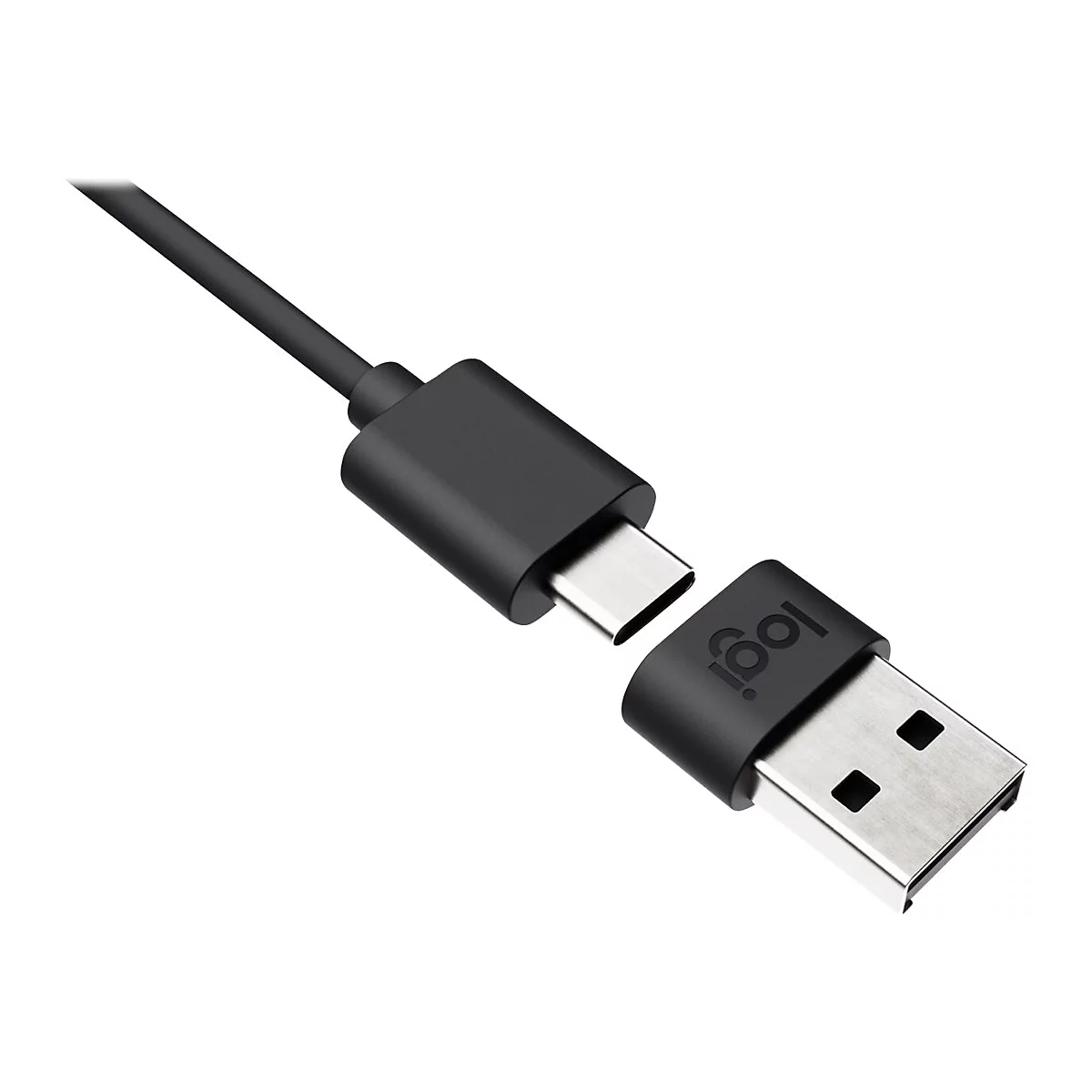 Un cÃ¢ble USB noir, sÃ©parÃ© pour montrer les connecteurs USB-C et USB-A. Le logo Logi est visible sur le connecteur USB-A.