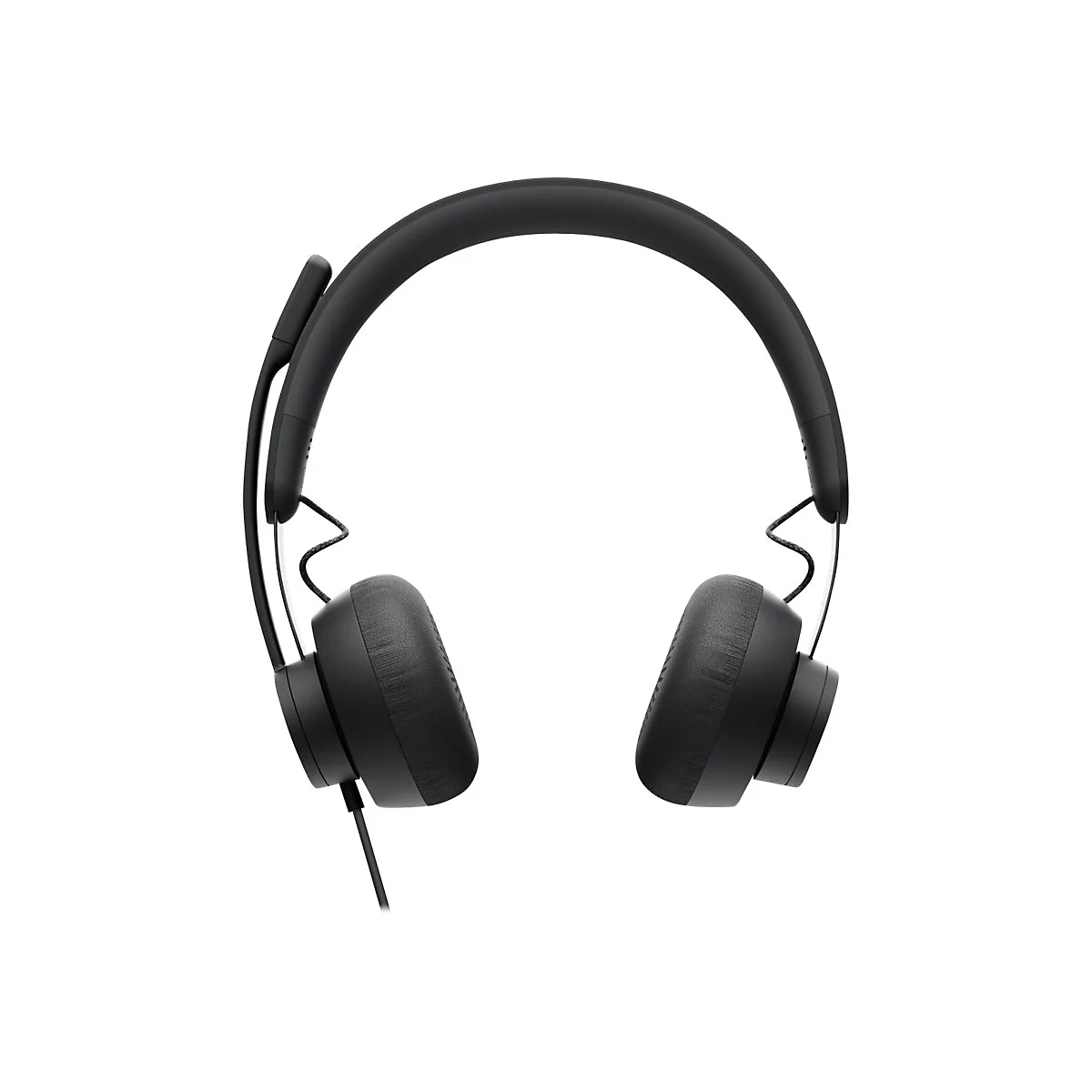 Casque noir sur fond blanc. Il possÃ¨de un bandeau rÃ©glable, des coussinets et un microphone.