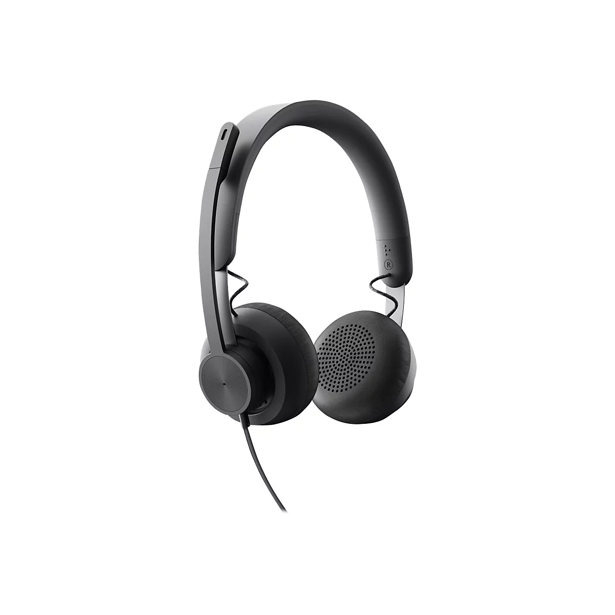 Casque noir avec serre-tÃªte, Ã©couteurs et microphone, sur fond blanc.