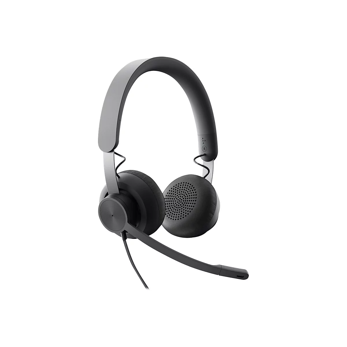 Casque gris foncÃ© avec microphone sur fond blanc. L'arceau est lÃ©gÃ¨rement incurvÃ©, les oreillettes sont rondes.