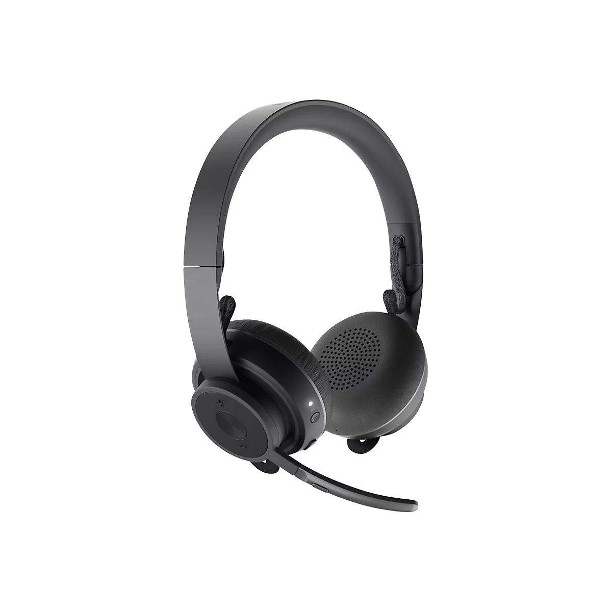 Schwarzes On-Ear-Headset mit Kopfbügel und Mikrofonarm vor weißem Hintergrund.