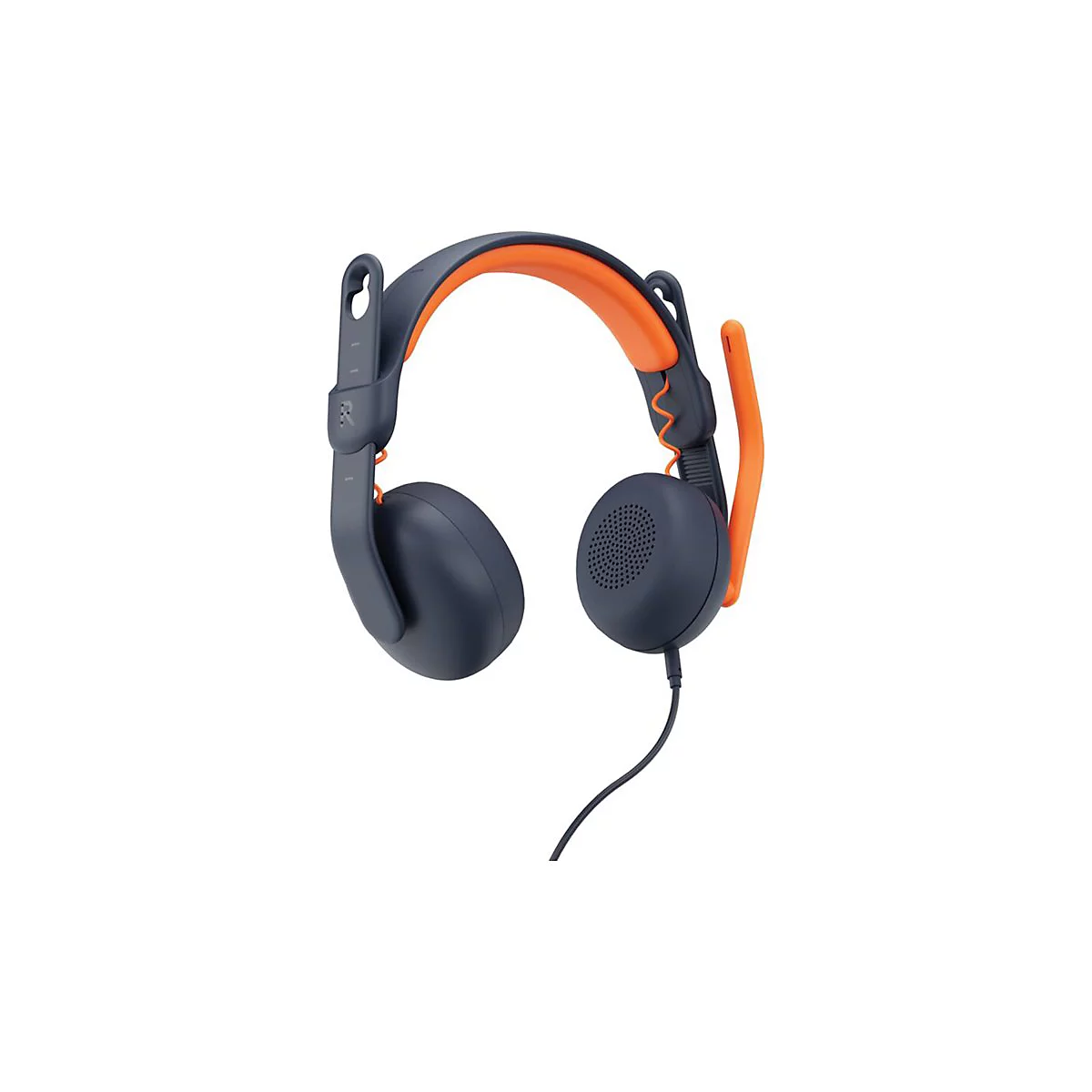 Dunkelblaue Kopfhörer mit orangefarbenem Bügel und Mikrofon, Kabelanschluss.
