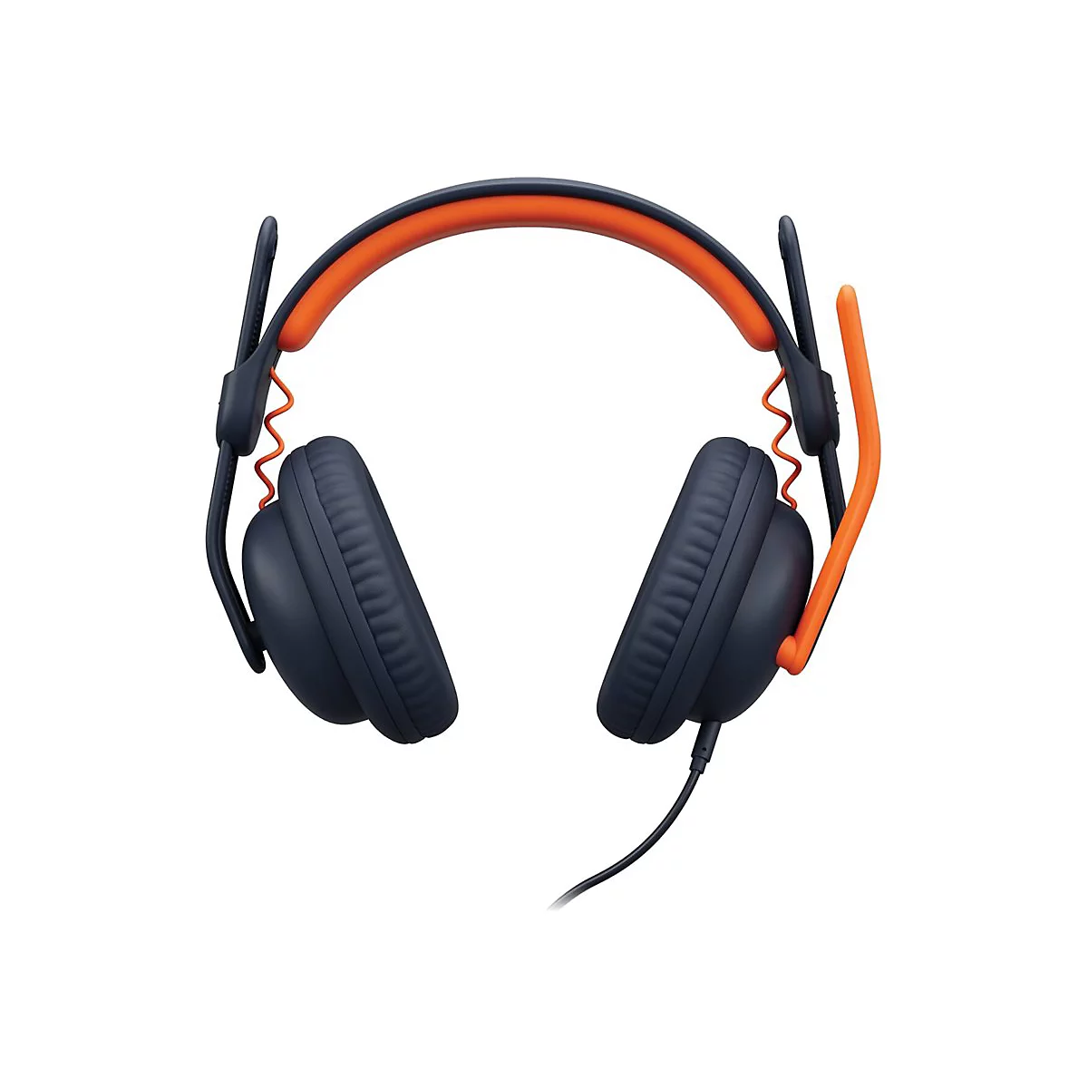 Casque bleu foncé avec des accents orange. Un microphone est attaché.