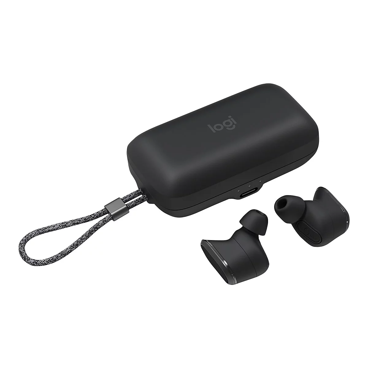 Schwarze Logitech-Kopfhörer mit Ladecase und grauer Schlaufe. Auf dem Case befindet sich das Logo.