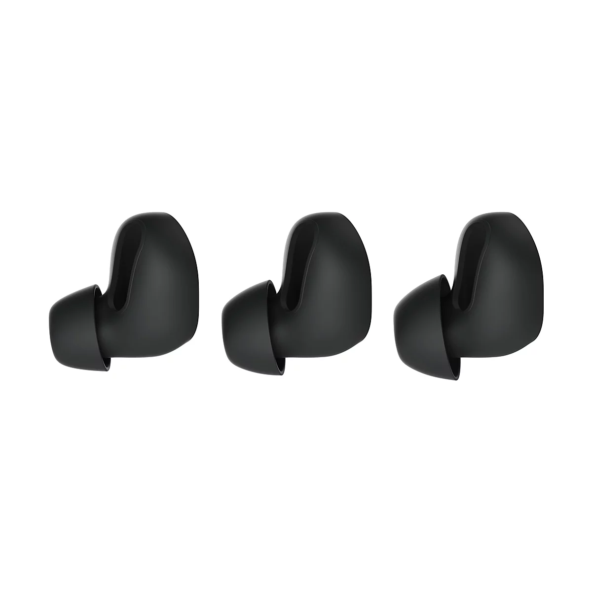Drei schwarze Ohrstöpsel vor weißem Hintergrund. Jedes hat einen zylindrischen Einsatz und einen abgerundeten, ergonomischen Teil.