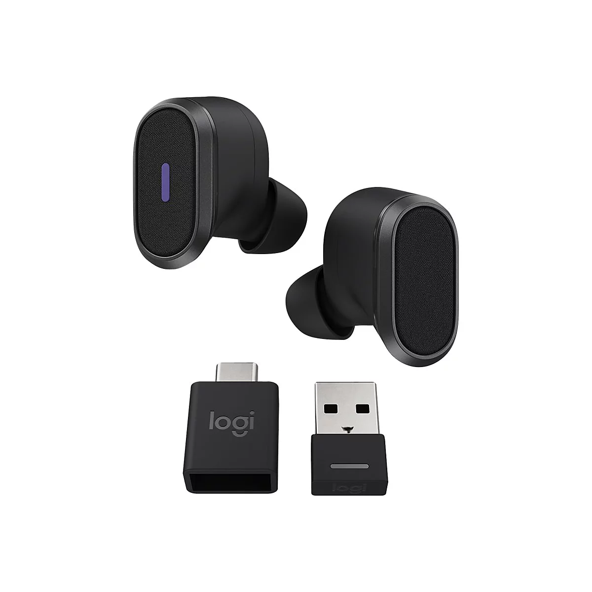 Schwarze kabellose Ohrhörer mit Ladecase und USB-Adaptern, Logos von Logitech.