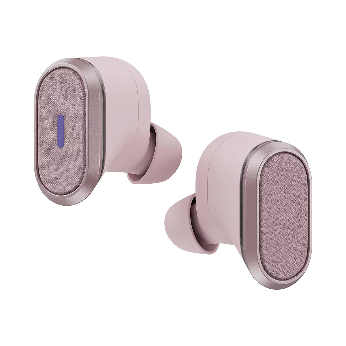 Zwei rosa kabellose Ohrhörer mit ovalen Oberflächen. Auf der Oberfläche ist ein Stoffmuster erkennbar, das von einem silberfarbenen Rahmen eingefasst wird. Auf einem Ohrhörer ist ein schmaler violetter Streifen zu sehen.