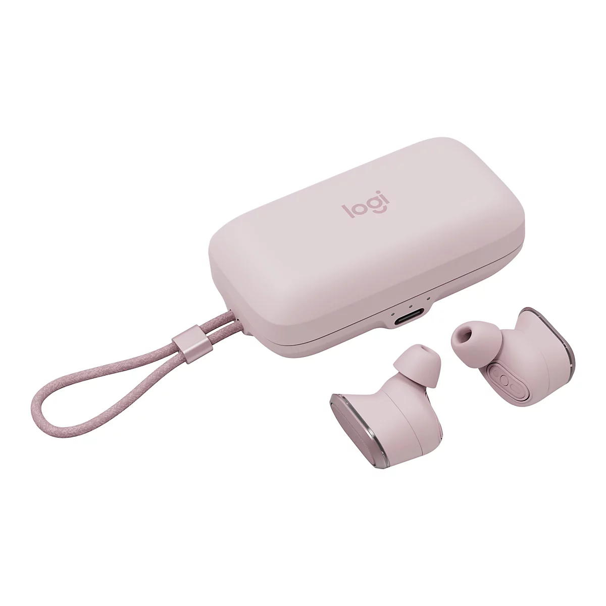 Hellrosa kabellose Ohrhörer und Ladecase, Logo oben rechts. Ohrhörer sind herausgenommen.