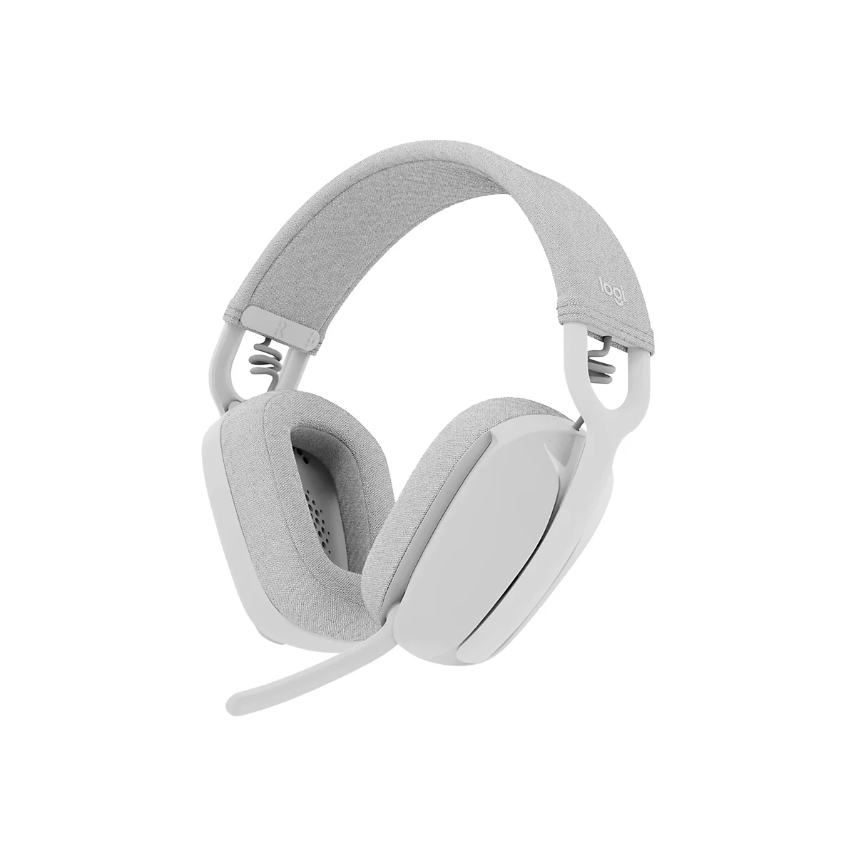 Hellgraues Headset mit Mikrofon auf weißem Hintergrund. Der Kopfbügel ist mit grauem Stoff gepolstert, die Ohrmuscheln ebenfalls.