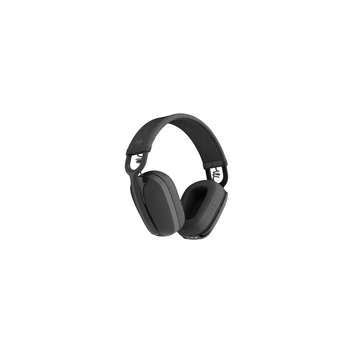 Draufsicht auf ein schwarzes Over-Ear-Headset, das vor weißem Hintergrund freigestellt ist.