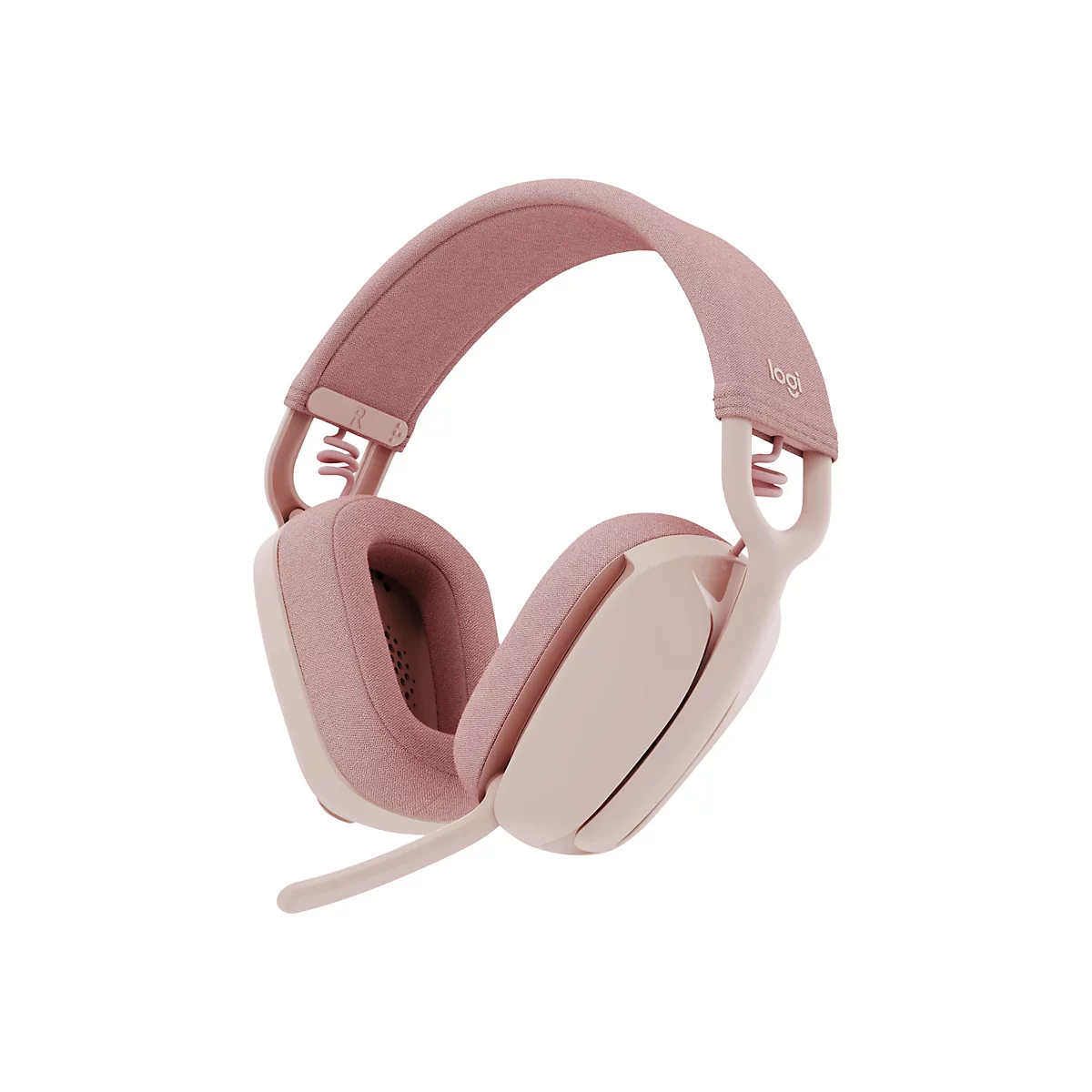 Casque rose clair avec un microphone sur fond blanc. L'arceau est recouvert de tissu, le logo est dessus.