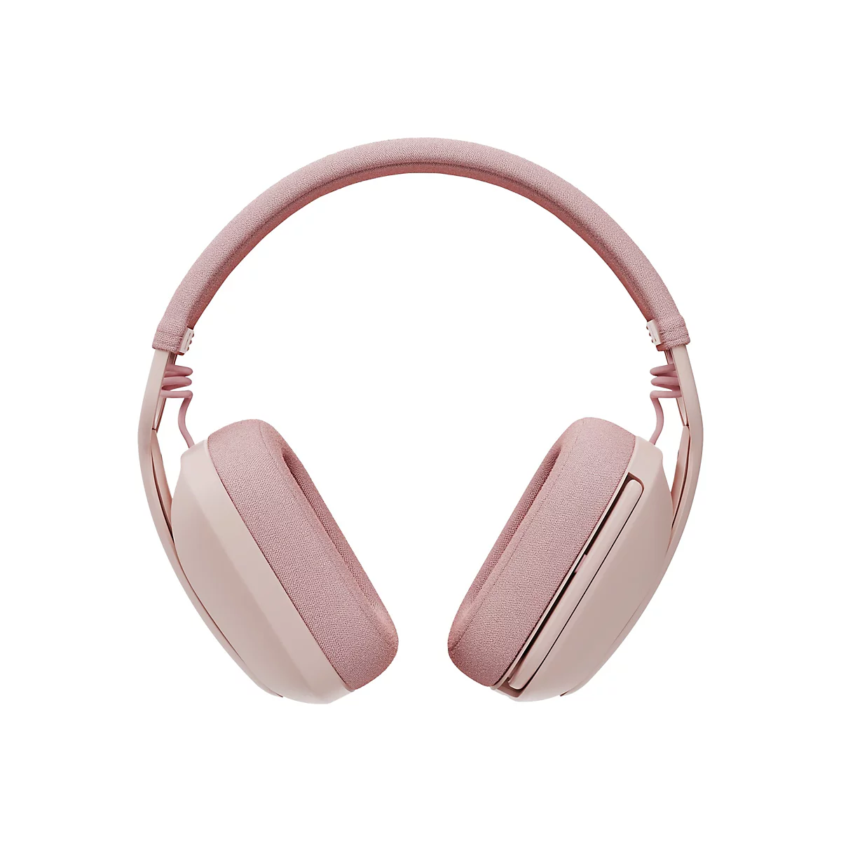 Casque rose clair sur fond blanc. Les écouteurs sont rectangulaires et rembourrés, de même que le bandeau.