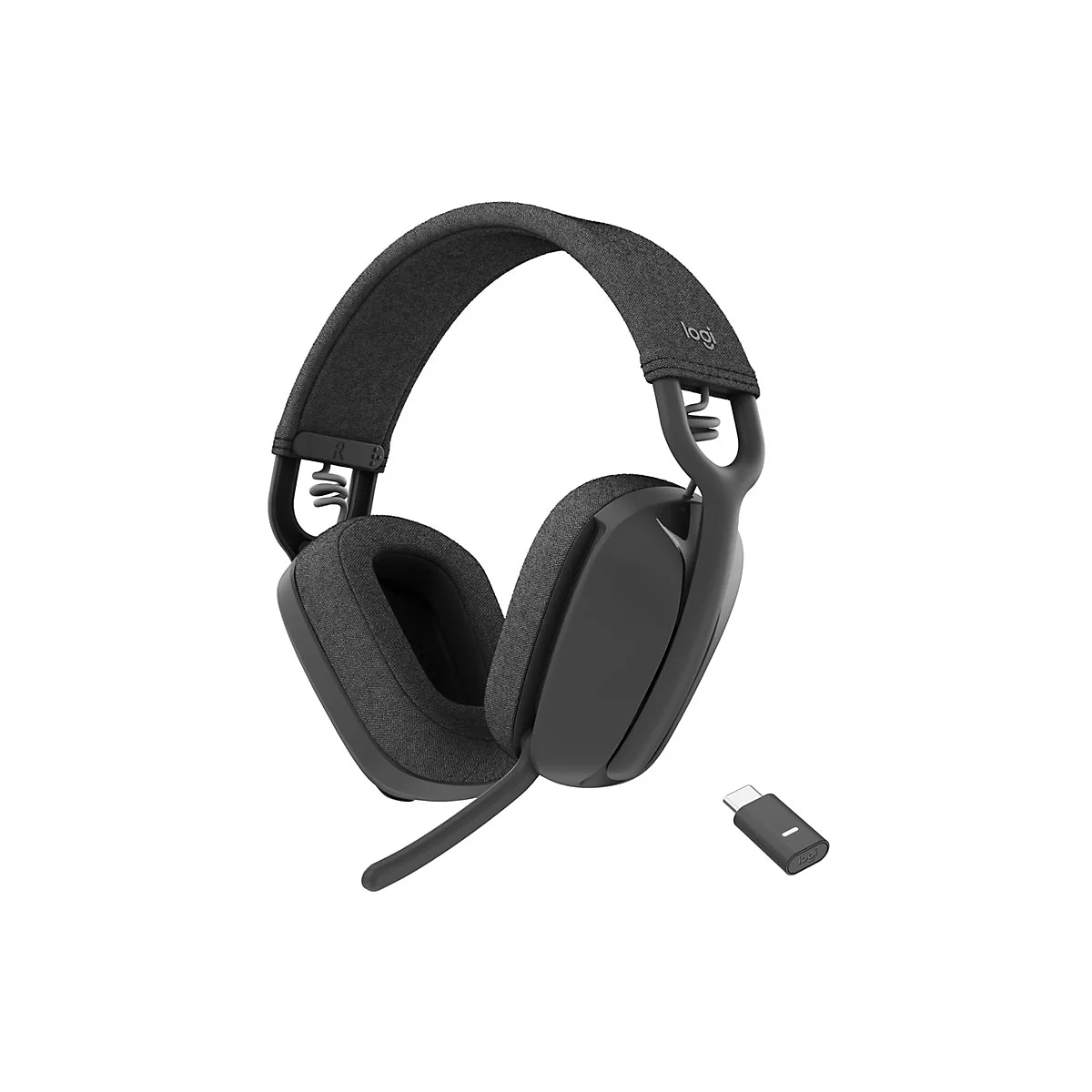 Schwarzes Headset mit Mikrofon und USB-Empfänger auf weißem Hintergrund. Der Bügel trägt das Logo "logi".