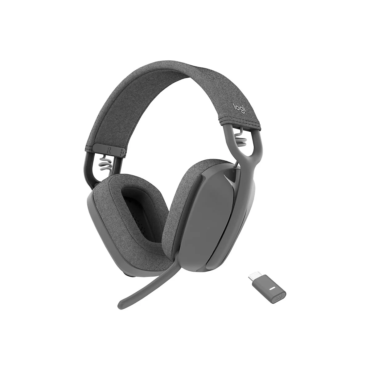 Graues Logitech-Headset mit Mikrofon und USB-C-Empfänger, isoliert vor weißem Hintergrund.