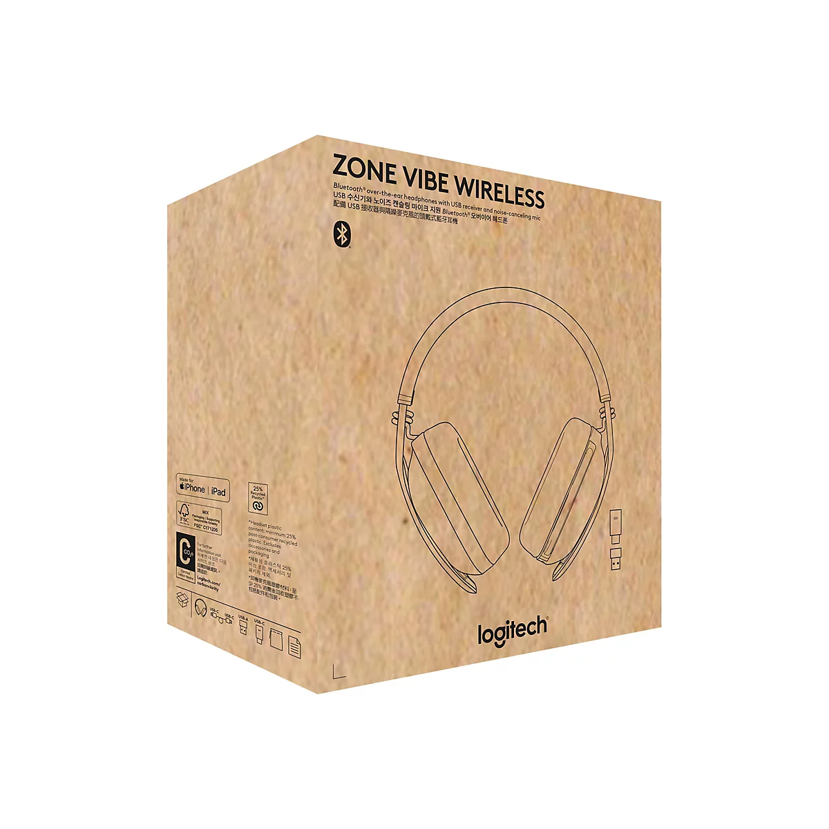 Produktverpackung aus Karton für Logitech Zone Vibe Wireless Kopfhörer mit Produktskizze und technischen Hinweisen.