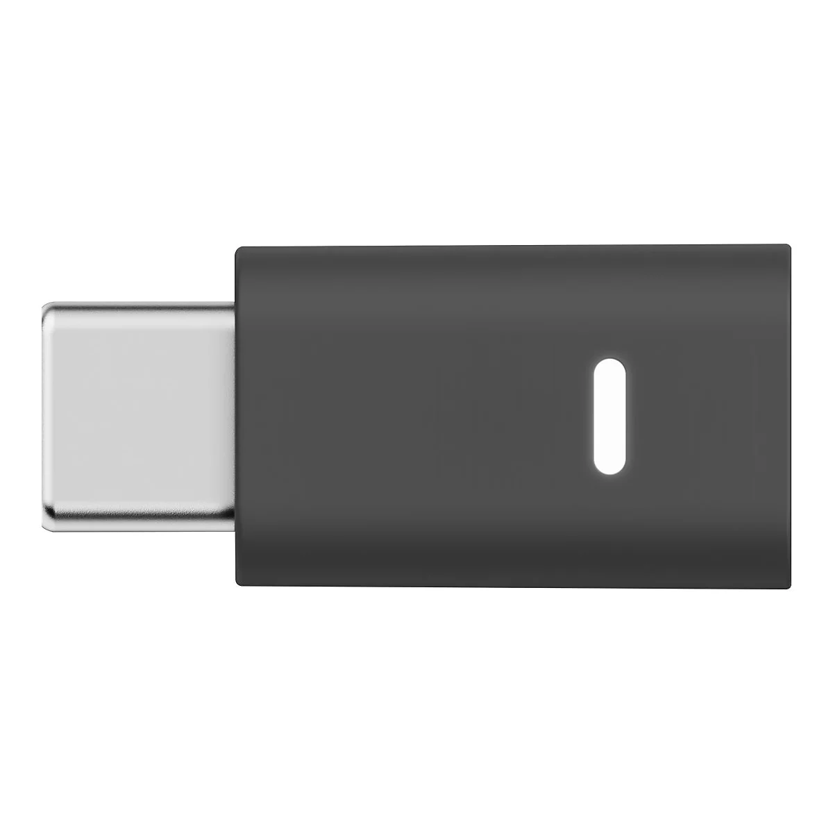 Un adaptateur USB-C noir. Un connecteur argenté entre dans une partie sombre et rectangulaire, avec une lumière ovale blanche.