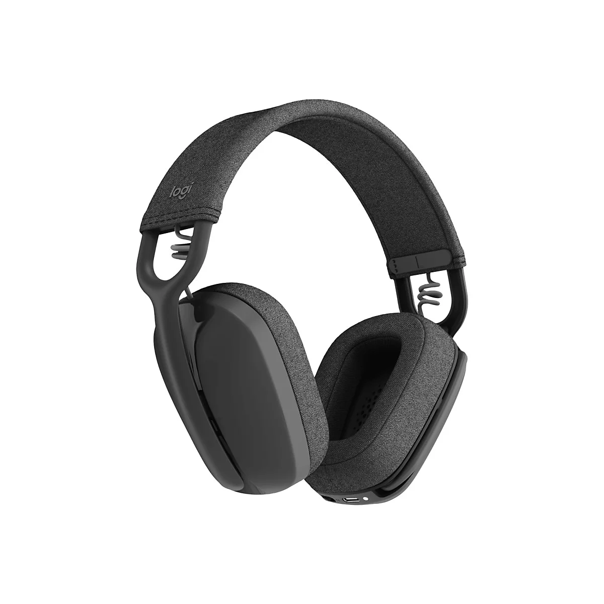 Casque supra-auriculaire noir avec revêtement en tissu gris. Le logo "logi" est visible sur le bandeau.